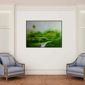 'Green Nature I (Emerald Embrace: A Landscape in Green)' painting by Narayan Shelke shown on a wall in a furnished room.