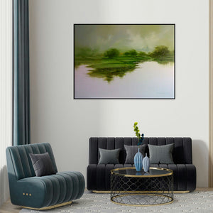 Narayan Shelke's 'Green Nature Ii (Verdant Dreams: A Landscape in Mist)' painting visualized above a sofa in a contemporary room.