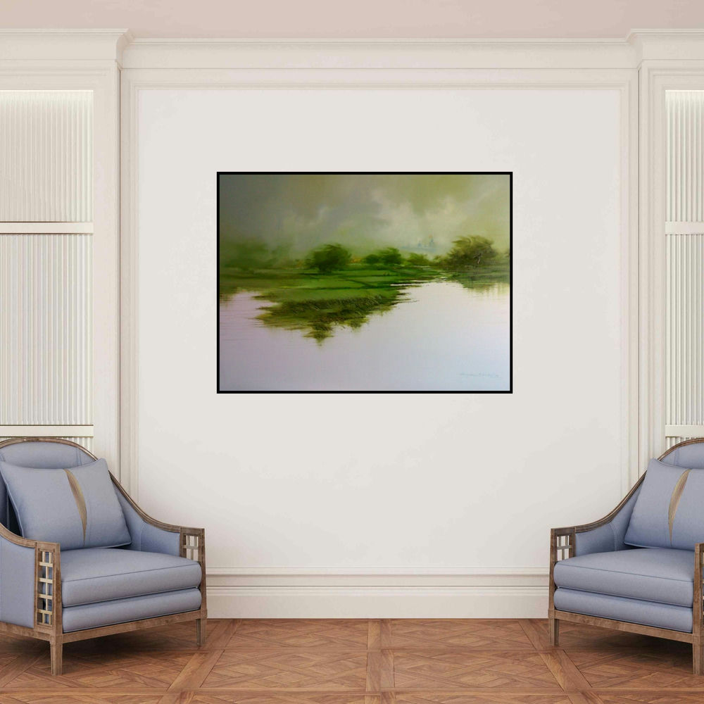 'Green Nature Ii (Verdant Dreams: A Landscape in Mist)' painting by Narayan Shelke shown on a wall in a furnished room.