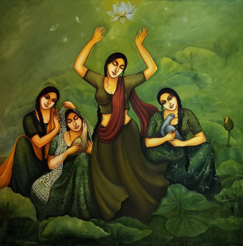 'Green Paradise 2' figurative acrylic painting by artist Monalisa Sarkar, 48x48 inch, on canvas