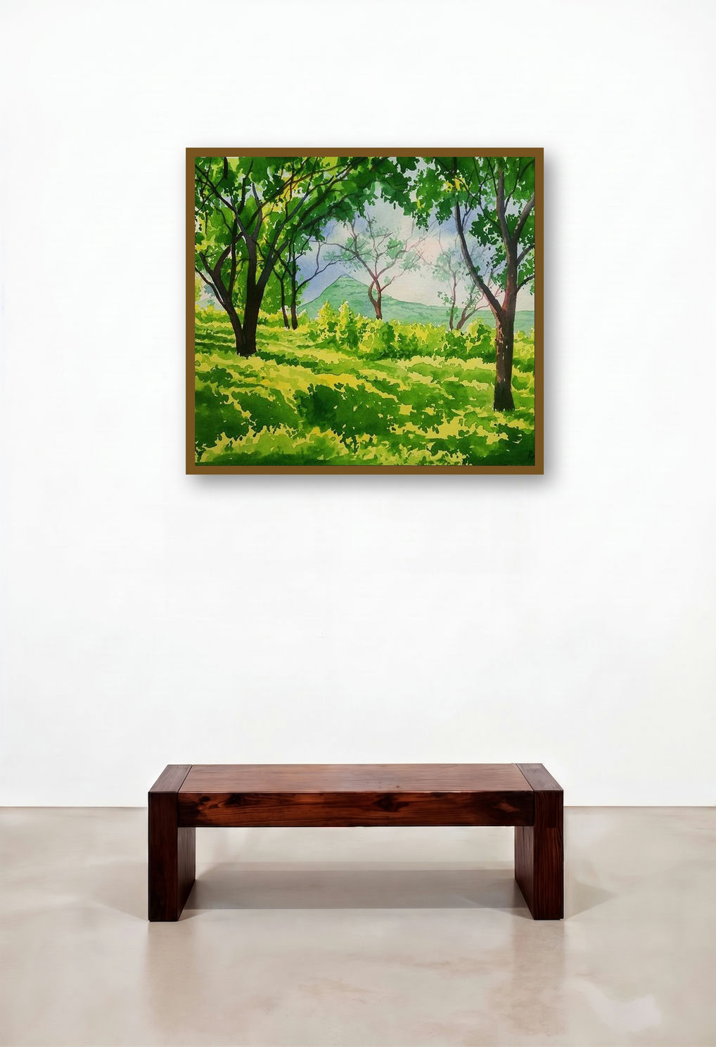 Green Peace (Sunlit Sanctuary) by artist Rahul Salve displayed in a Boutique Hotel Style Reception Area