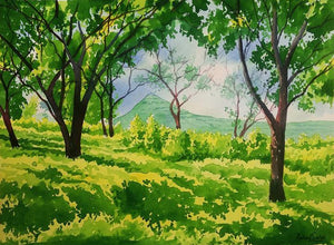 Green Peace (Sunlit Sanctuary) by Rahul Salve, Original Watercolor Landscape Painting on Paper, Small Horizontal Wall Art