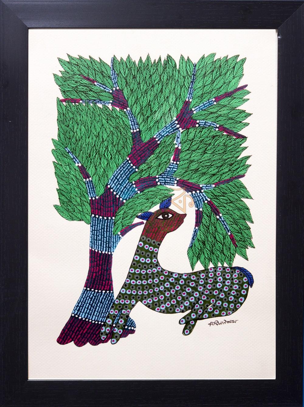 Folk Art gond traditional art titled 'Green spotted deer under tree', 15x10 inches, by artist Kalavithi Art Ventures on Canvas
