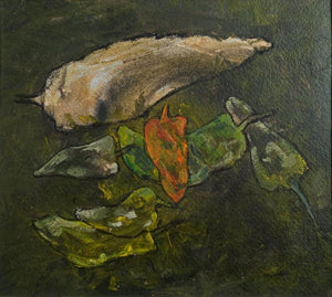 Green With White Chillies (Spicy Hues) by Mahendra Parmar, Original Acrylic Food Painting on Paper, X-Small Horizontal Wall Art