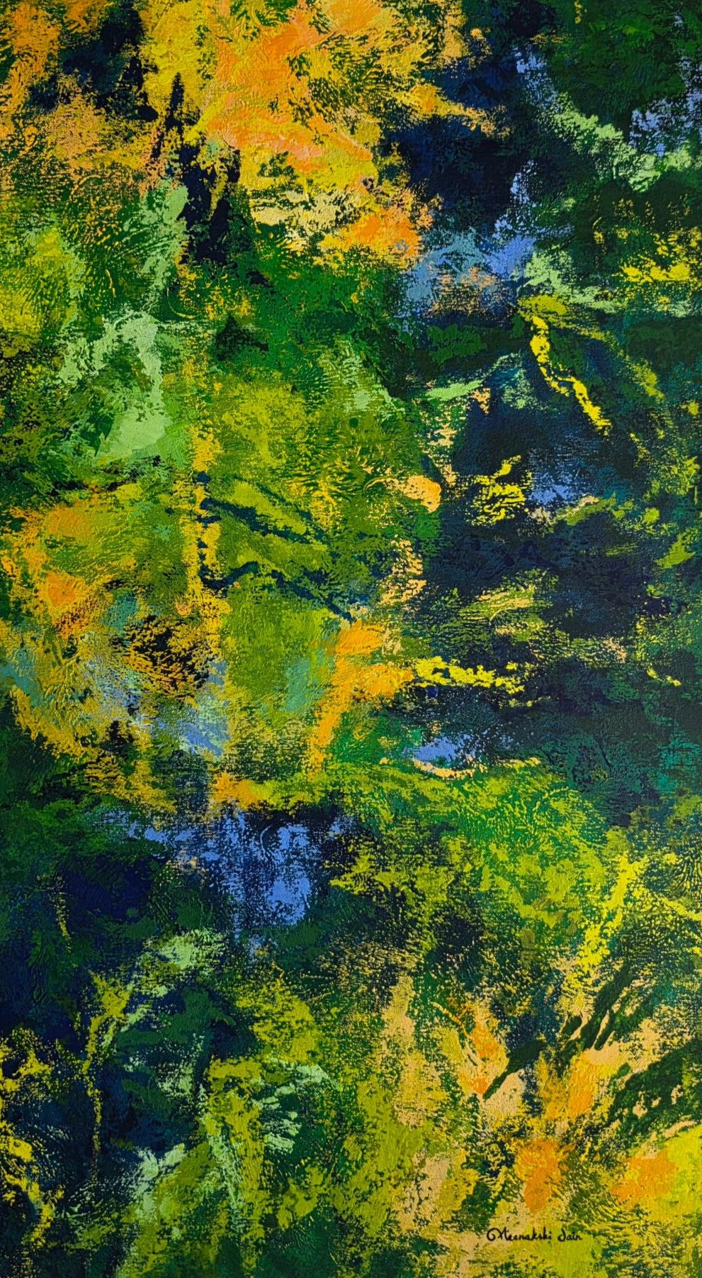 Green Wood Oasis' abstract acrylic painting by artist Meenakshi Jain, 36x18 inch, on canvas