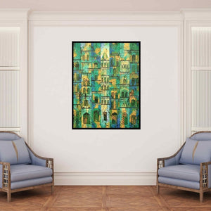 In-situ view of Suresh Gulage's 'Green Yellow City' painting in a room