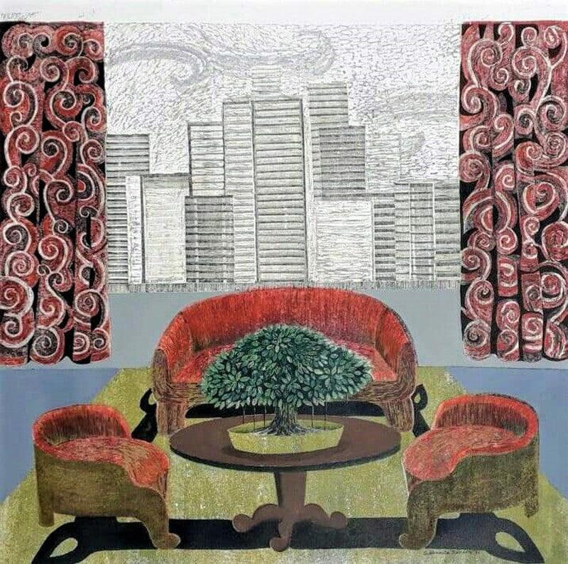 Landscape mixed media painting titled 'Greenery', 25x24 inches, by artist Subhamita Sarkar on Paper