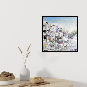 In-situ view of M Singh's 'Grey City Abstract' painting in a room