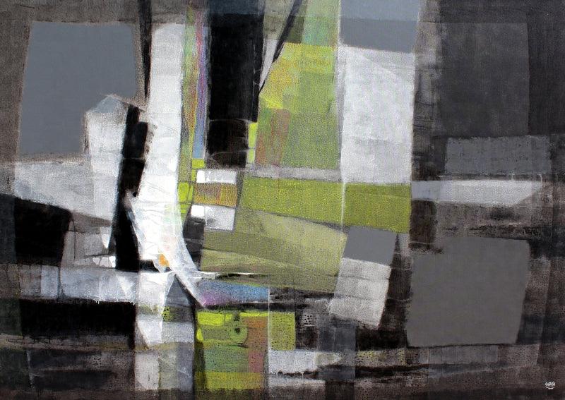 Abstract acrylic painting titled 'Grey Matter 1', 60x84 inches, by artist Shirish Deshpande on Canvas