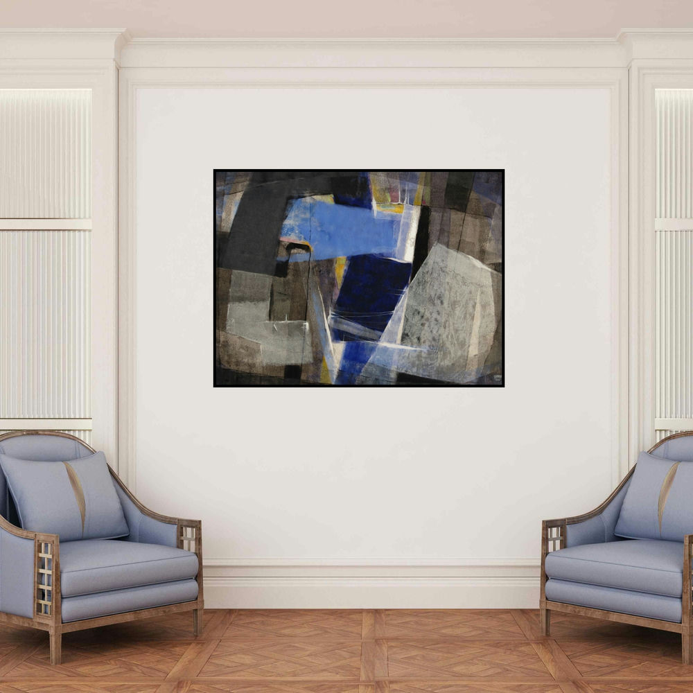 'Grey Matter 3 (Urban Tapestry)' painting by Shirish Deshpande shown on a wall in a furnished room.