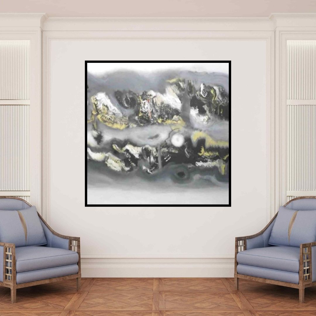 In-situ view of Deepak Guddadakeri's 'Grey Yellow Horizontal Abstract (Golden Horizon)' painting in a room