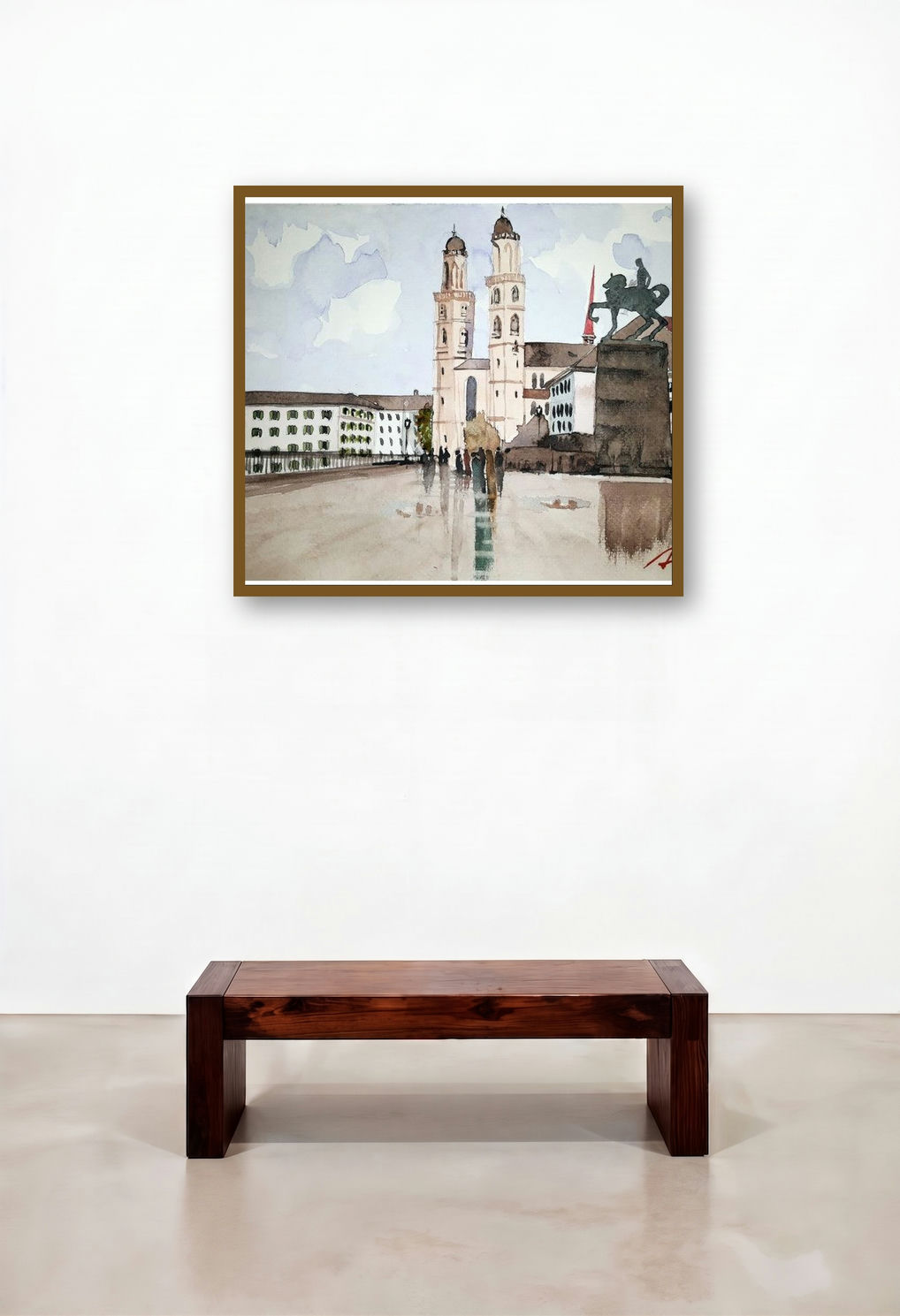 Grosmunster Church Zurich Switzerland (Grossmünster in the Rain) by artist Arunava Ray displayed in a Coastal Family Room