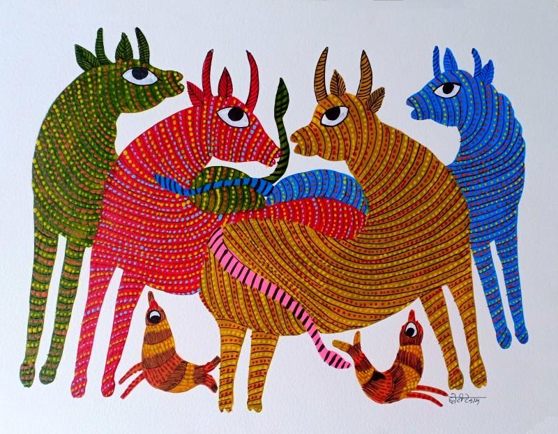 Animals gond traditional art titled 'Group Of Animals 1', 16x12 inches, by artist Choti Gond Artist on Paper