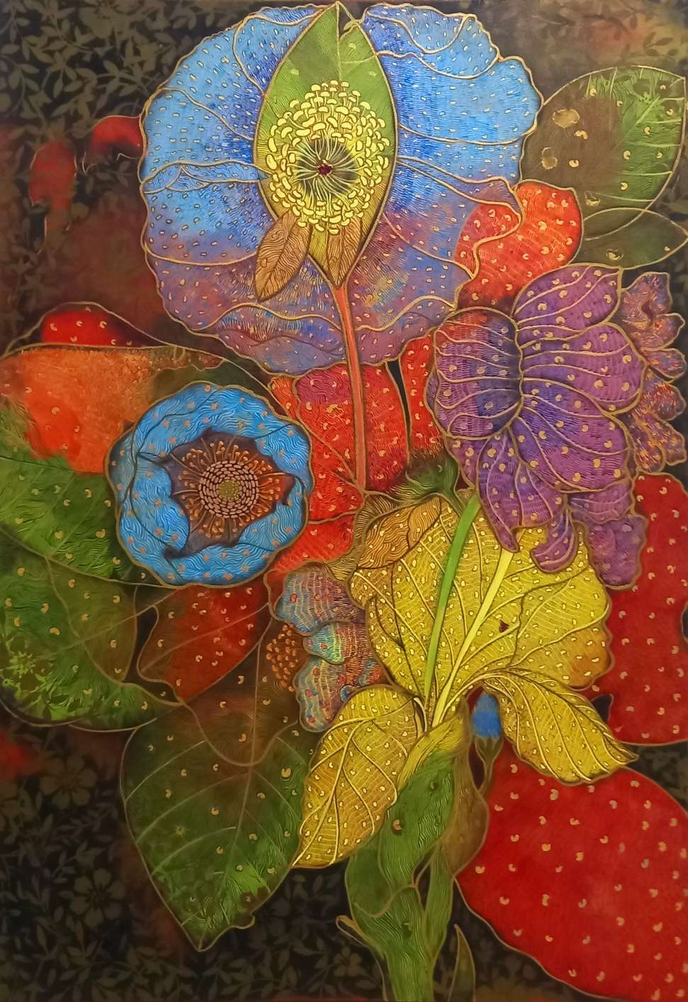 'Grouping Inflorescence' nature mixed-media painting by artist Yogesh Powale, 47x33 inch, on canvas