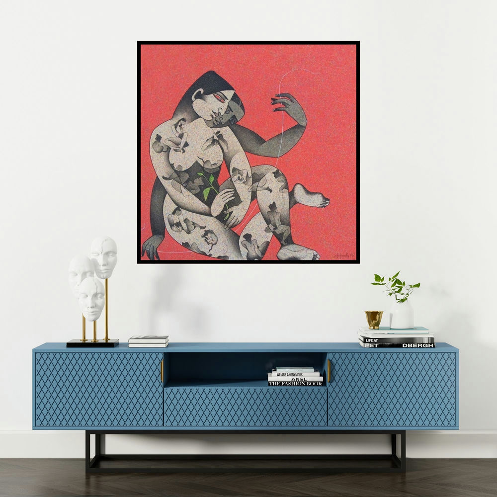 'Growth 1 (Intertwined)' painting by Chikmath Fv shown on a wall in a furnished room.