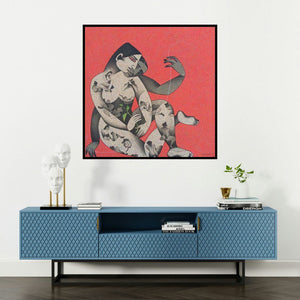 'Growth 1 (Intertwined)' painting by Chikmath Fv shown on a wall in a furnished room.