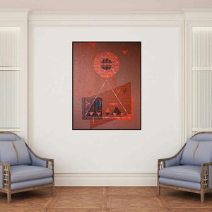 'Growth 1 (Crimson Confluence: A Geometric Dance of Forms)' painting by Amol Satre shown on a wall in a furnished room.