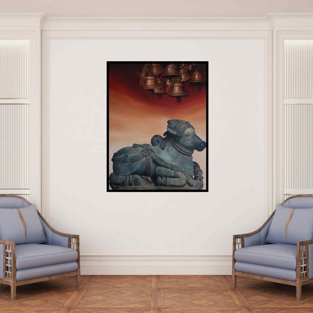 In-situ view of Roni Sarkar's 'Shiva Nandi (Reverence in Bronze)' painting in a room