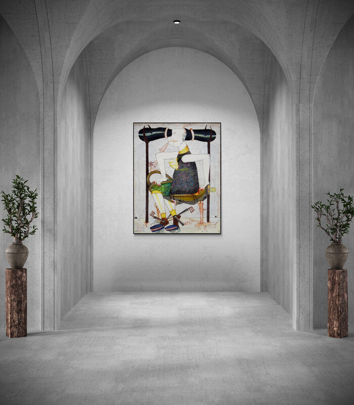 In-situ view of Hrusikesh Biswal's 'Guddi Darling (Seated Figure)' painting in a room