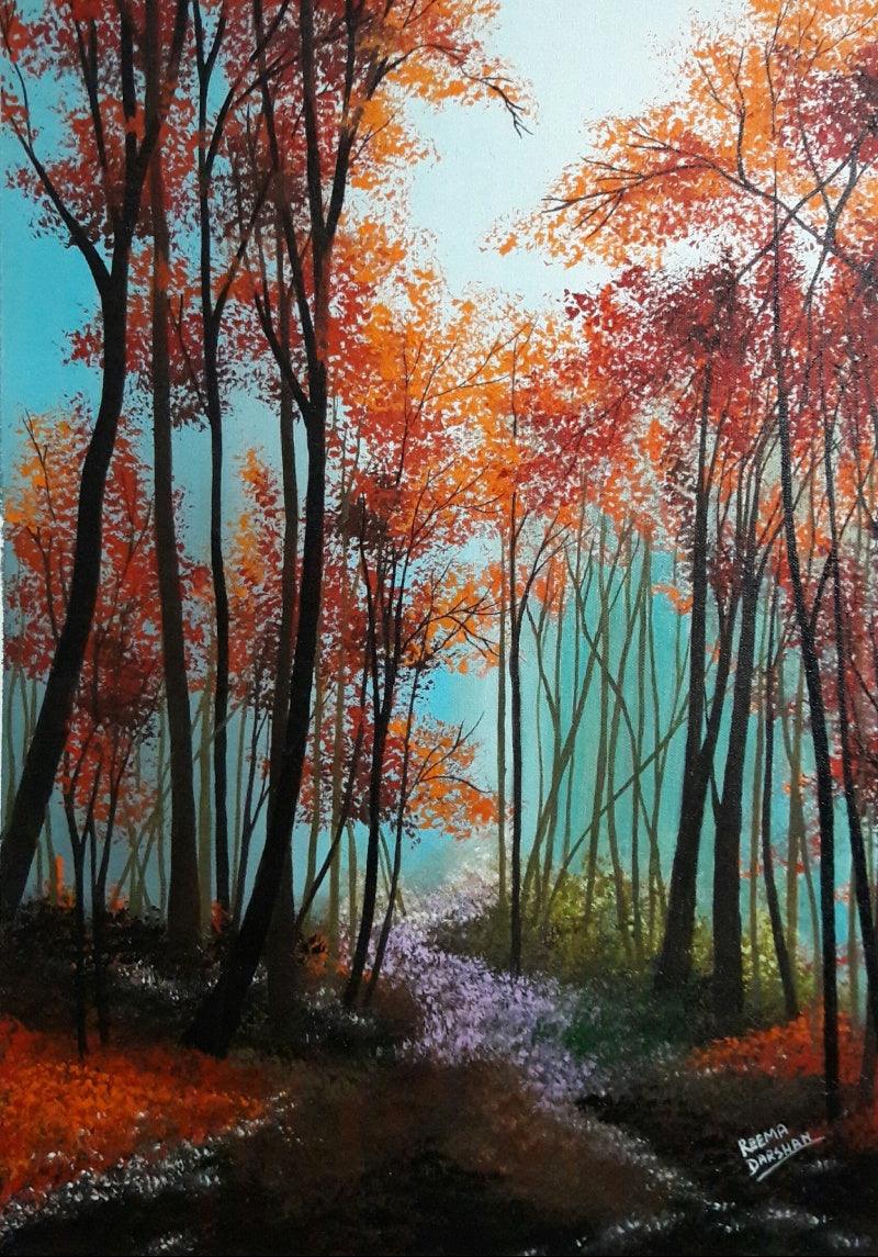 Landscape acrylic painting titled 'Gulmohar Trees', 24x17 inches, by artist Reema Ravindran on Canvas