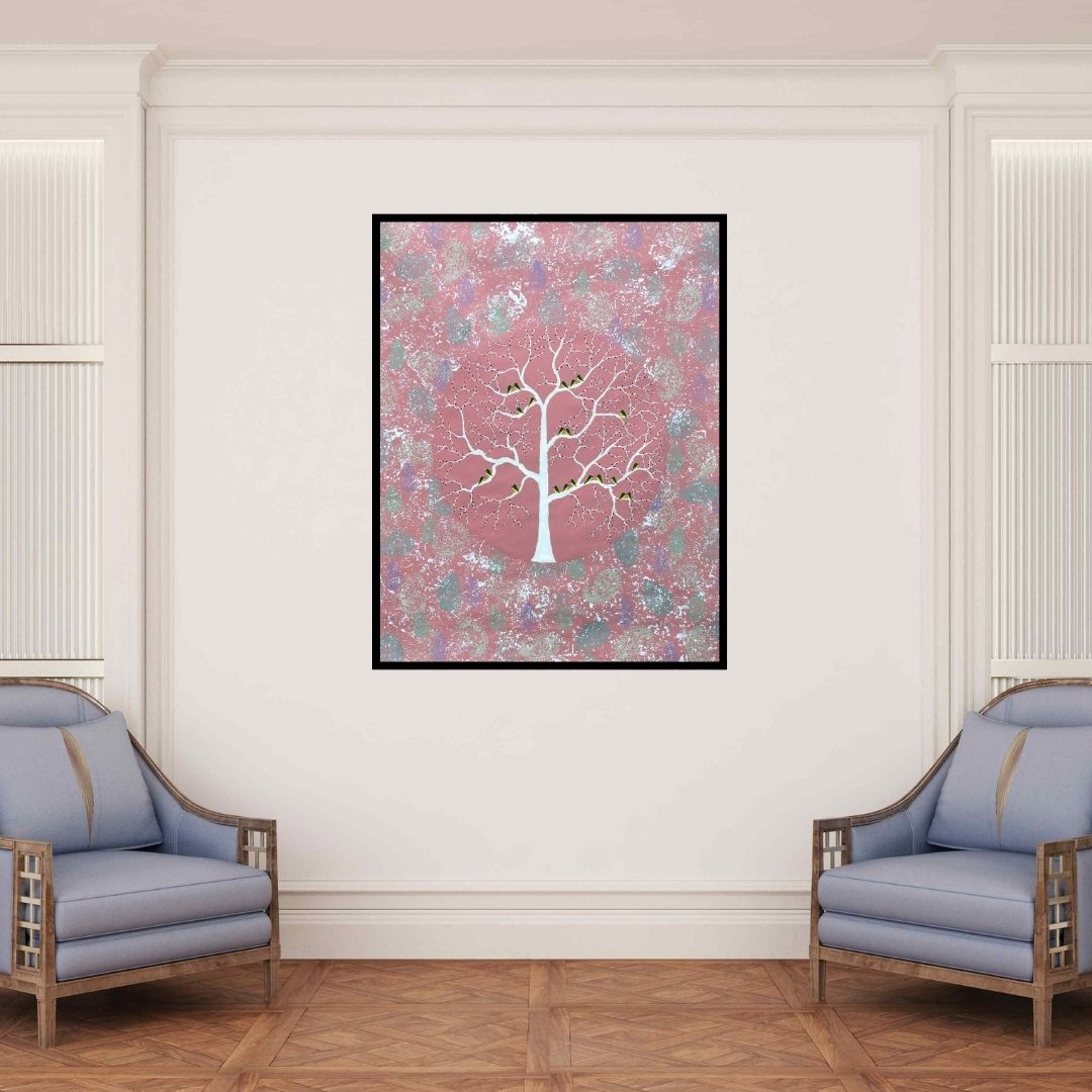 In-situ view of Sumit Mehndiratta's 'Gulvan Vriksh (Whispering Trees)' painting in a room