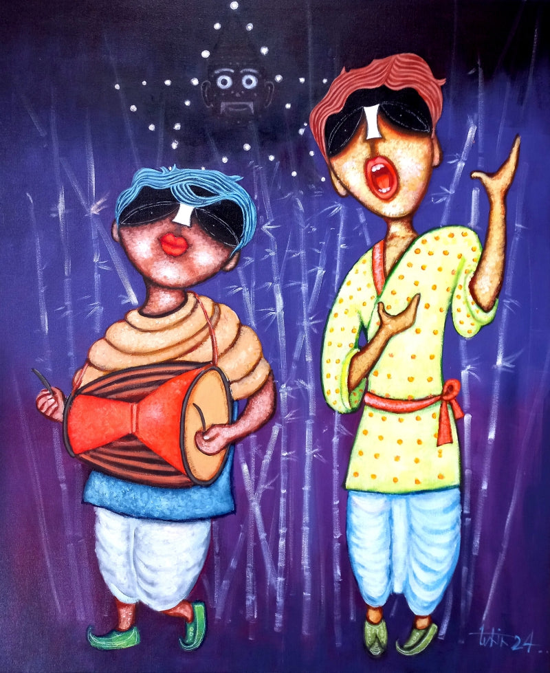 'Gupi Gayen And Bagha Bayen' figurative acrylic painting by artist Tuhin Rakshit, 36x30 inch, on canvas