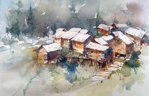 Landscape watercolor painting titled 'Gurez Valley Kashmir', 18x12 inches, by artist Asit Singh on Paper
