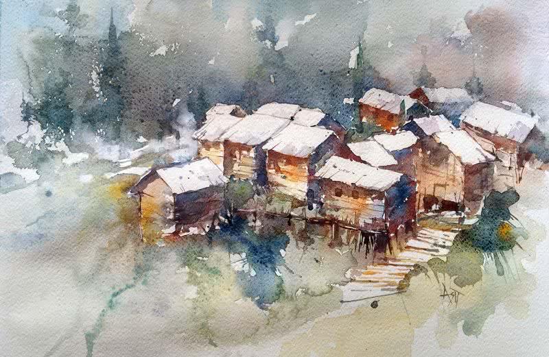 Landscape watercolor painting titled 'Gurez Valley Kashmir', 18x12 inches, by artist Asit Singh on Paper