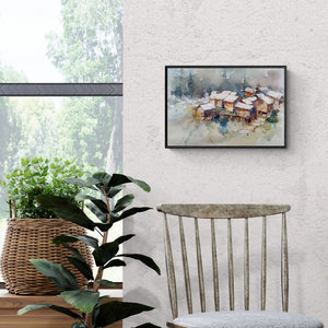 Preview of 'Gurez Valley Kashmir' Painting by Asit Singh shown on a wall in a furnished room.