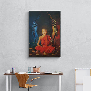 Preview of 'Guru (Path to Enlightenment)' Painting by Kamal Rao shown on a wall in a furnished room.