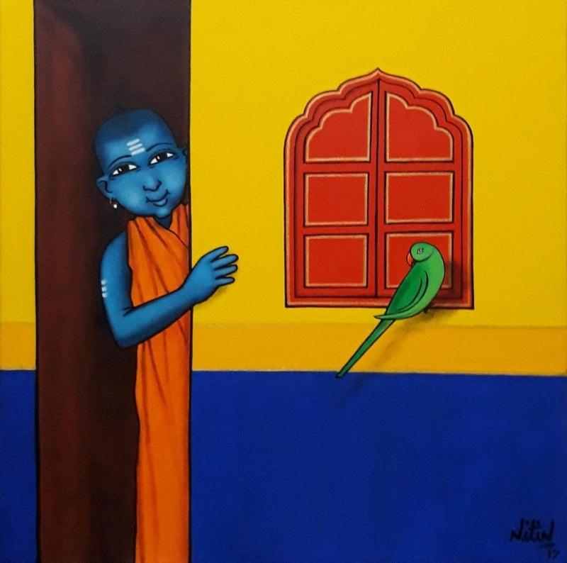 Figurative acrylic painting titled 'Gurukul Boy With Friendly Parrot', 24x24 inches, by artist Nitin Ghangrekar on Canvas