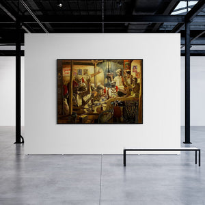 Vijay Gille's painting 'Gurumurti Dhaba (A Lively Tea Stall)' displayed in a modern living room setting