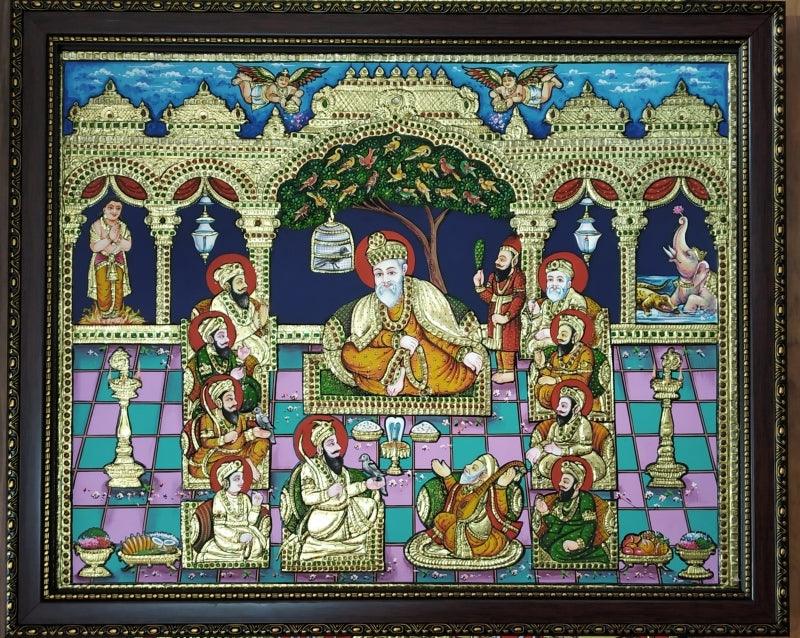 Religious tanjore traditional art titled 'Gurunanak With Sikh Gurus Tanjore Painti', 24x30 inches, by artist VANI VIJAY on Plywood