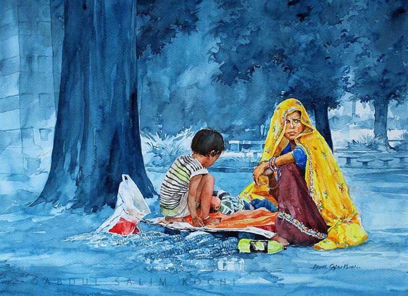 Figurative watercolor painting titled 'Gypsies 2', 9x12 inches, by artist Abdul Salim on Paper