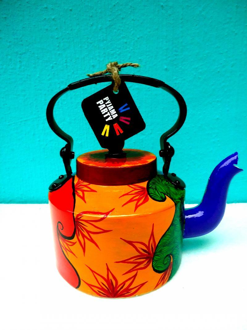 Lifestyle craft titled 'Gypsy Tea Kettle', 9x9x7 inches, by artist Rithika Kumar on Aluminium