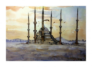 Hagia Sophia Instanbul Turkey (Sultan Ahmed Mosque at Dawn) by Arunava Ray, Original Watercolor Cityscape Painting on Paper, X-Small Horizontal Wall Art