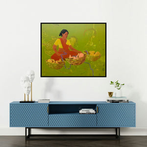 Kamlesh Patidar's 'Half Mother' painting visualized above a sofa in a contemporary room.