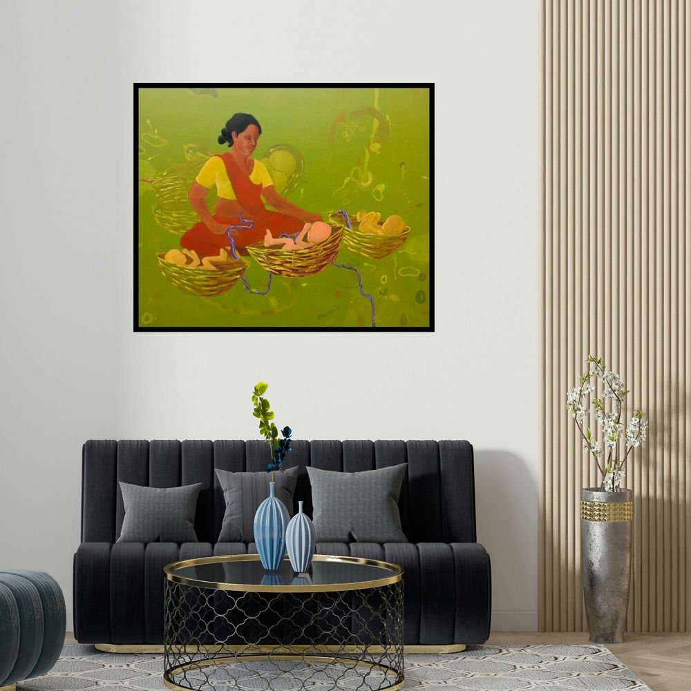 'Half Mother' painting by Kamlesh Patidar shown on a wall in a furnished room.