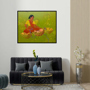 'Half Mother' painting by Kamlesh Patidar shown on a wall in a furnished room.