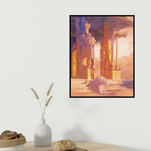 Mohan Charya's 'Hampi (Ancient Temple Ruins)' painting visualized above a sofa in a contemporary room.