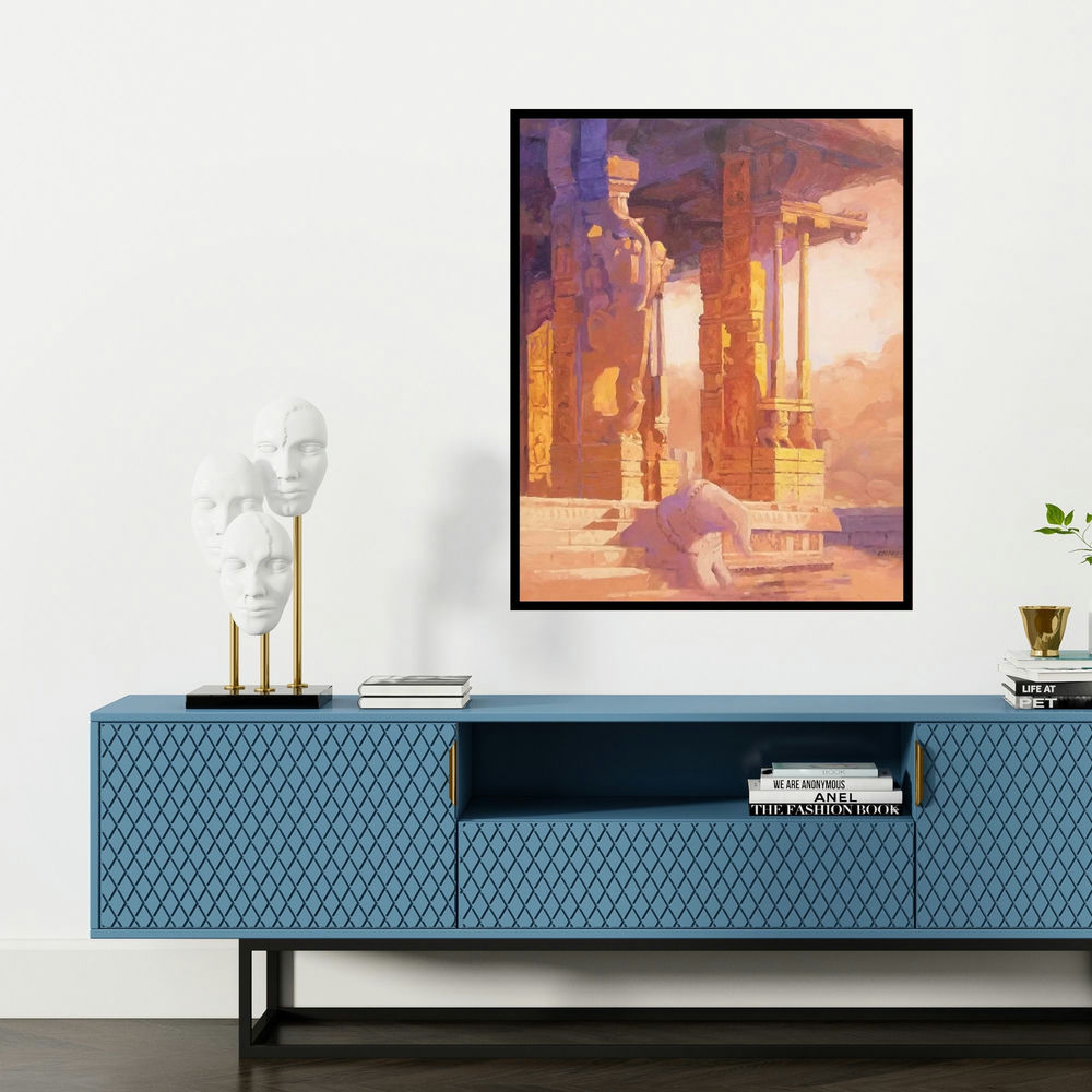 'Hampi (Ancient Temple Ruins)' painting by Mohan Charya shown on a wall in a furnished room.