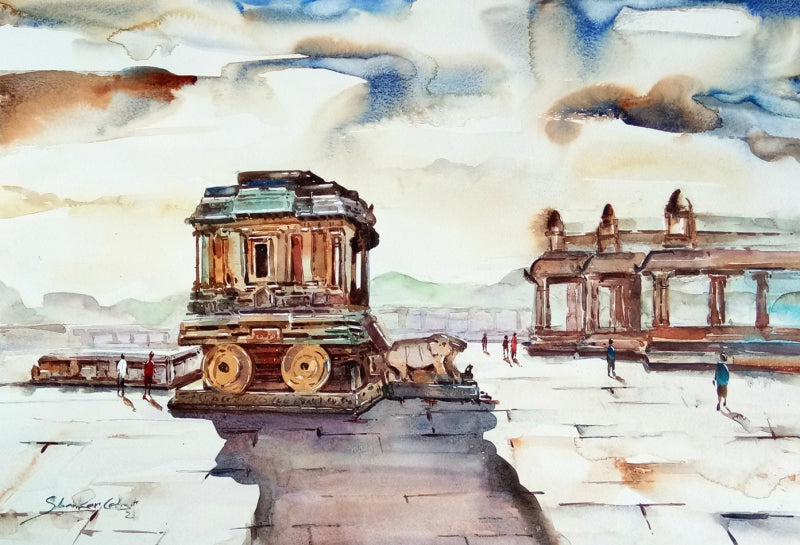 Hampi 7' religious watercolor painting by artist Shankar Lohar, 15x22 inch, on paper