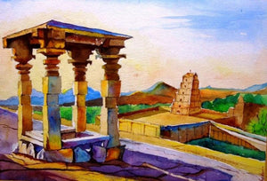 Hampi (Echoes of Glory) by Chetan Agrawal, Original Watercolor Landscape Painting on Handmade Paper, Small Horizontal Wall Art