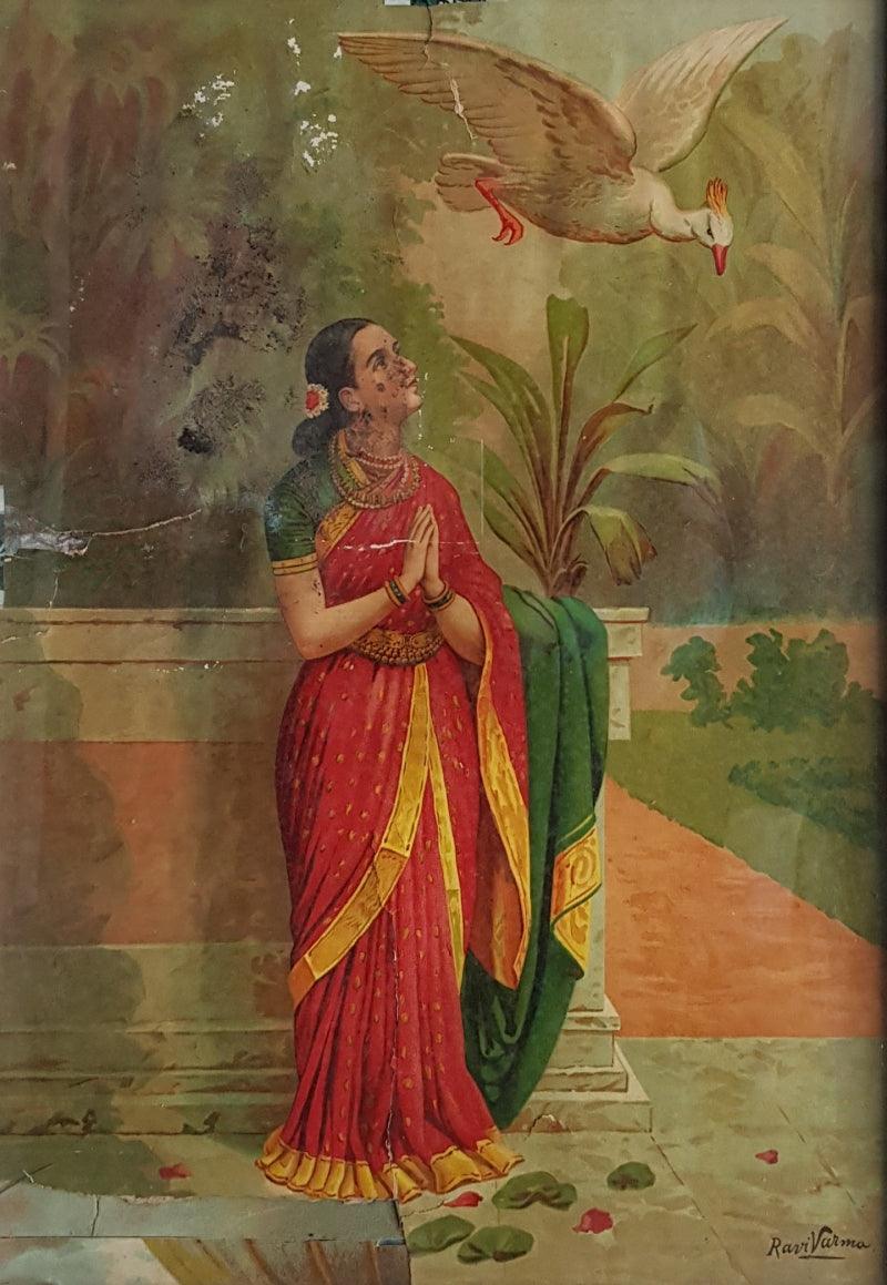 Figurative oleograph painting titled 'Hamsa Damayanthi', 22x16 inches, by artist Raja Ravi Varma on Paper