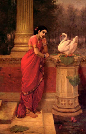 Hamsadamayanthi (A Womans Devotion) by Raja Ravi Varma, Print Oil Figurative Painting on Canvas, X-Small Vertical Wall Art