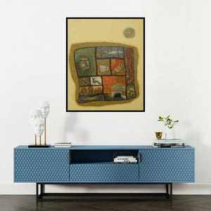 Tamojit Bhattacharya's 'Hand Woven Dynasty (A Tapestry of Dreams)' painting visualized above a sofa in a contemporary room.