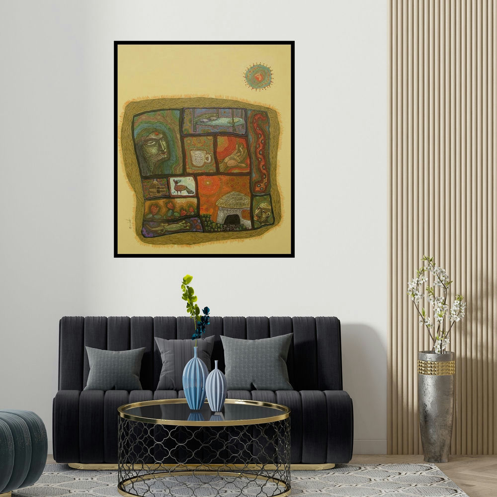 'Hand Woven Dynasty (A Tapestry of Dreams)' painting by Tamojit Bhattacharya shown on a wall in a furnished room.