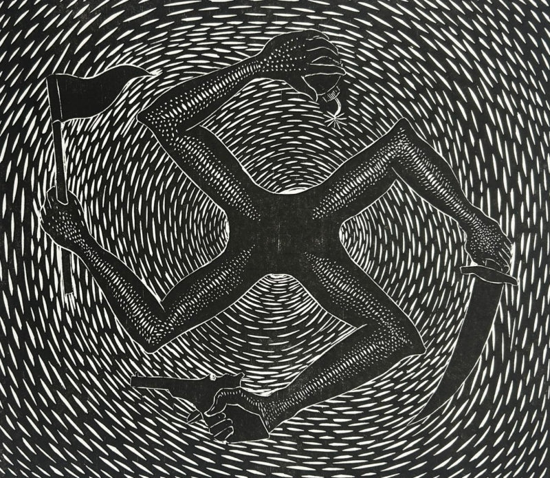 Handler' contemporary wood cut printmaking by artist Prashant Kuwar, 20x22 inch, on paper