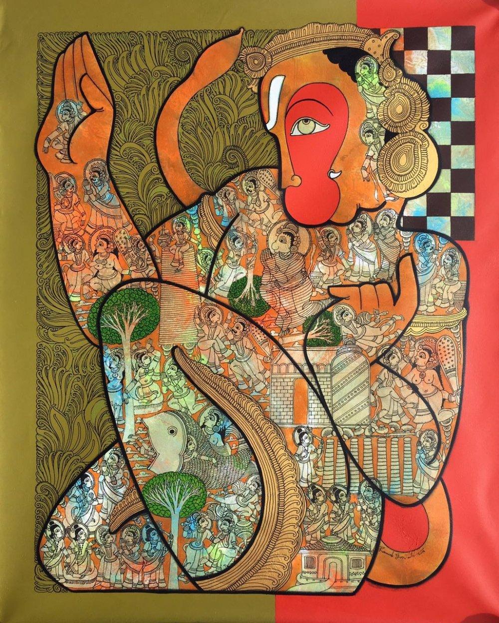 Religious acrylic painting titled 'Hanuman 1', 24x36 inches, by artist Ramesh Gorjala on Canvas