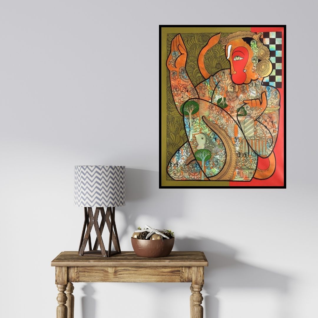 In-situ view of Ramesh Gorjala's 'Hanuman 1 (Hanuman in Blessing Pose) (Hanuman Inner World)' painting in a room